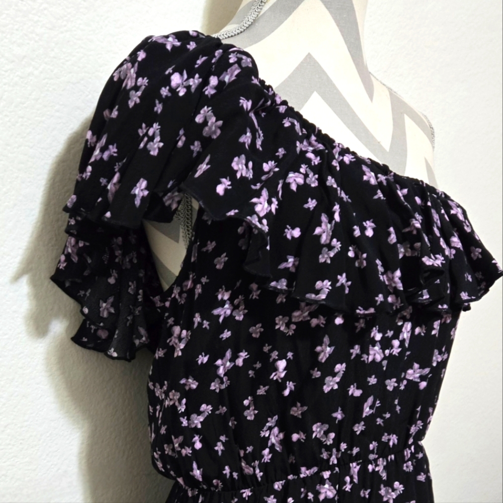 LEITH Floral One Shoulder Ruffle Asymmetric Hem Dress Black Lavender Size Medium - Picture 6 of 15